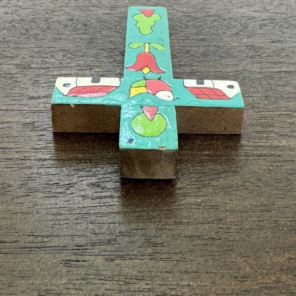 Cross El Salvador Vtg Handmade Turquoise Bird Floral Folk Art Artisan Religious - Picture 5 of 10